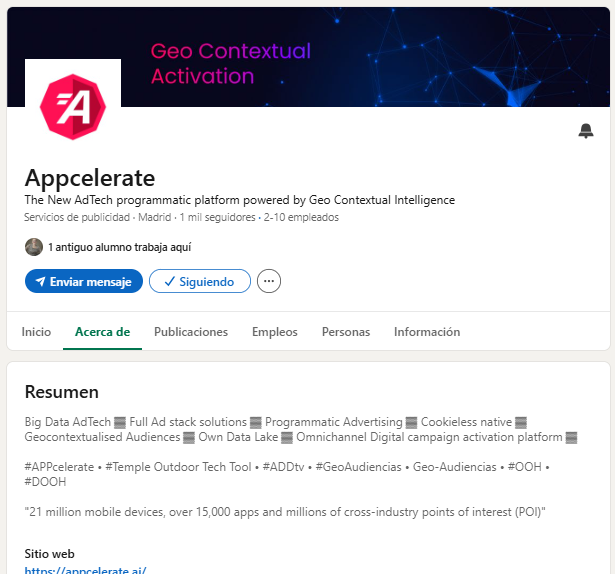 Perfil de Linkedin de Appcelerate cliente de Villarrazo Agencia de redes sociales